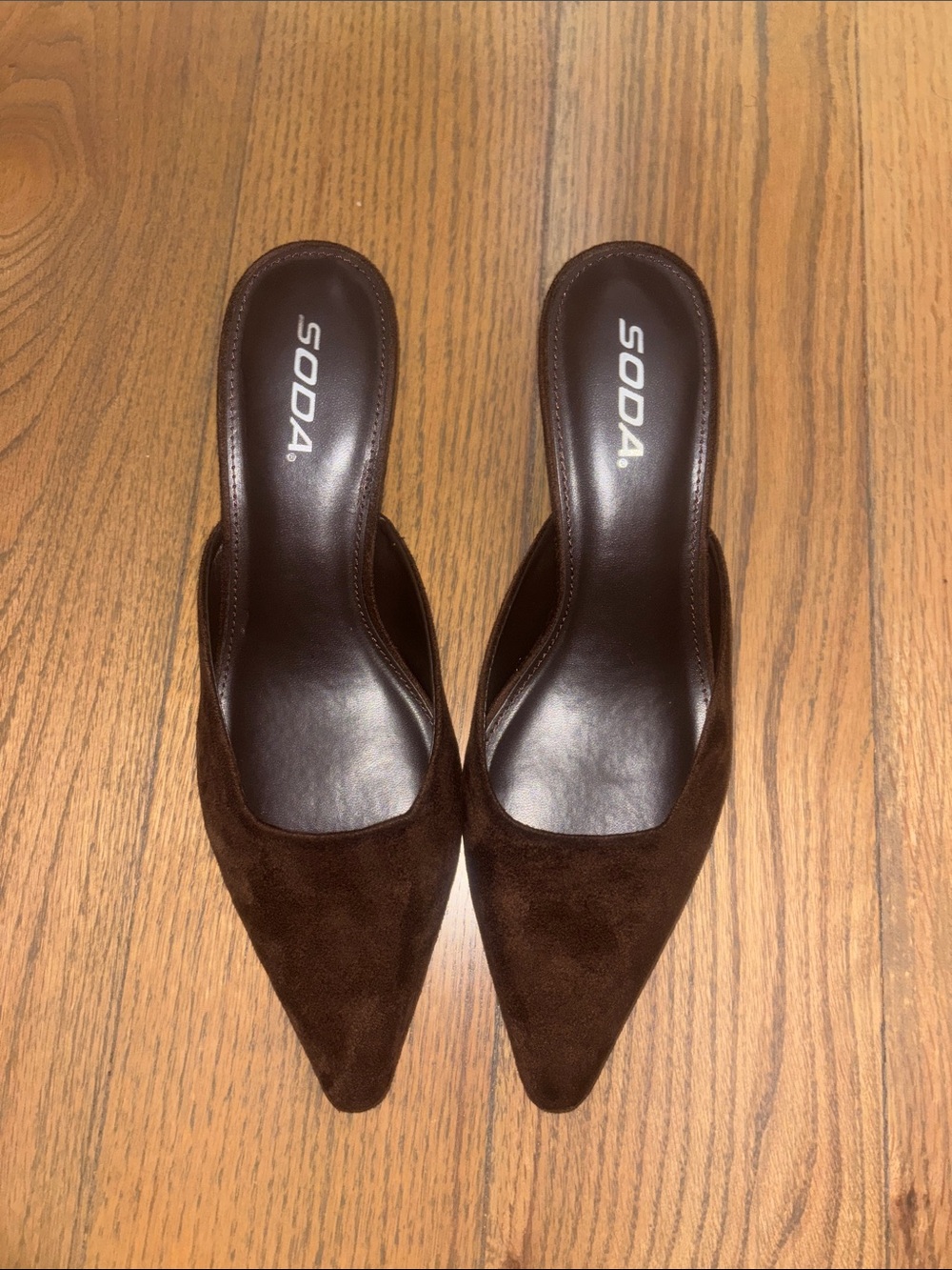 Soda Brown Suede Pointed Toe Slide Mules